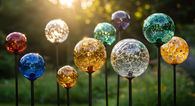 A collection of blown glass garden orbs on steel rods