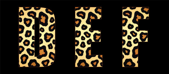 Vector font with jaguar's pattern on black background.
A set of cartoon letters of english alphabet for
women clothing, fabric, textile, paper, packaging, 
women's handbag, inscription on t-shirt.