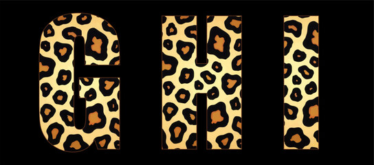 Vector font with jaguar's pattern on black background.
A set of cartoon letters of english alphabet for
women clothing, fabric, textile, paper, packaging, 
women's handbag, inscription on t-shirt.