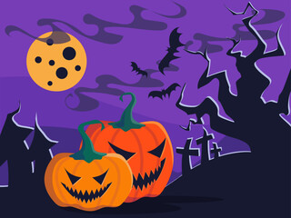 Happy Halloween vector poster illustration with pumpkins, bat  characters elements design for horror party invitation. Holiday vector poster, print.