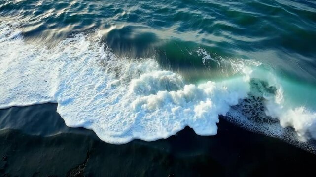 Aerial view of sea wave rolling onto black sand beach, natural photo style, oceanic background, concept of nature's contrast and beauty