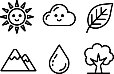 Cute Weather Natures Set Smiling Sun Cloud Leaf Tree Drop