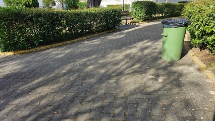 Park pathway with green trash bin and wooden benches surrounded by hedges