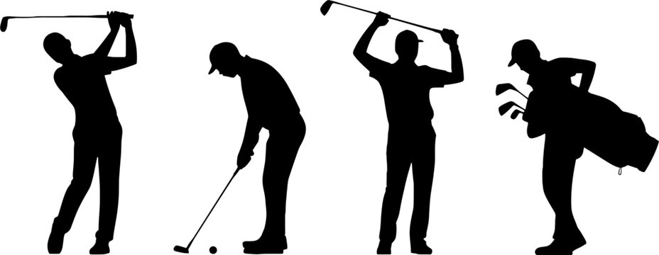 Golf Player Silhouette Swing Putt Caddy Carrying Clubs