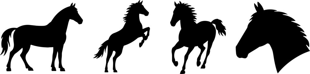 Black Horse Silhouette Set Galloping Prancing Horse Head Profile