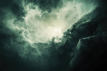 A breathtaking view of a cosmic nebula with ethereal clouds and a central bright light, filled with wonder and mystery.