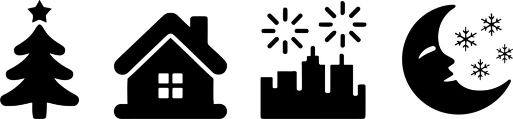 Christmas Tree House Cityscape Moon Snowflakes Holidays