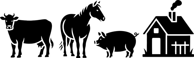 Obraz premium Farm Animals Cow Horse Pig and Country Cottage Stables