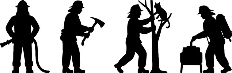 Firefighter Silhouettes Rescuing Cat Holding Axe Safety Equipment