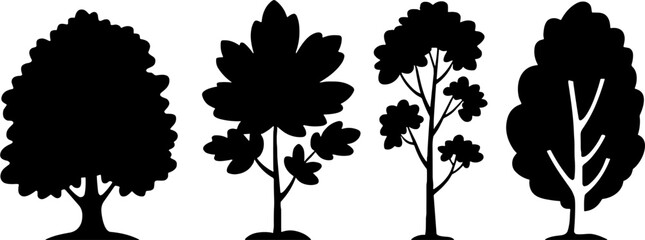 Black Tree Silhouettes Different Leaf Shapes Set