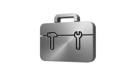 Metallic toolbox with hammer and wrench icons on a white background in a studio shot style