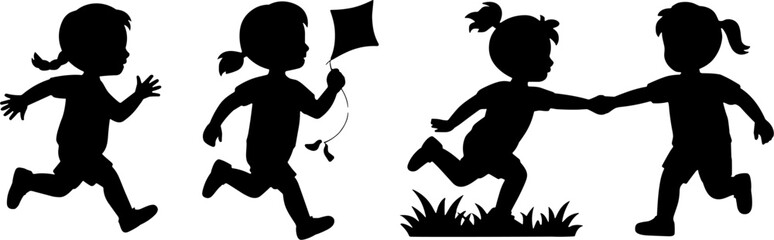 Child Silhouettes Running Playing Holding Hands Outdoor Activity