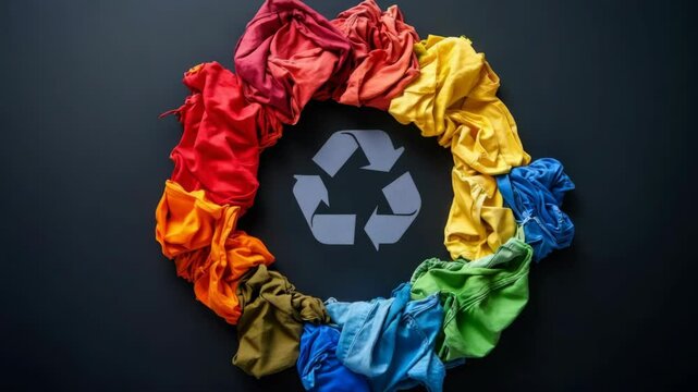 Various colorful clothes arranged in a circular shape around a recycling symbol on dark background, representing textile reuse and sustainability