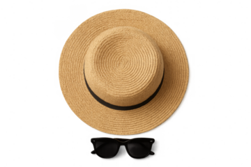 Straw hat and sunglasses isolated on transparent background representing summer vacation
