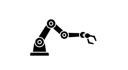 A black and white illustration of a robotic arm with a claw on a plain white background view