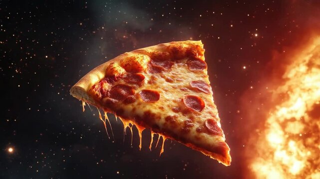A slice of melted pepperoni pizza floating in outer space with a starry sky and fiery orange glow, symbolizing hot and cosmic flavor adventure