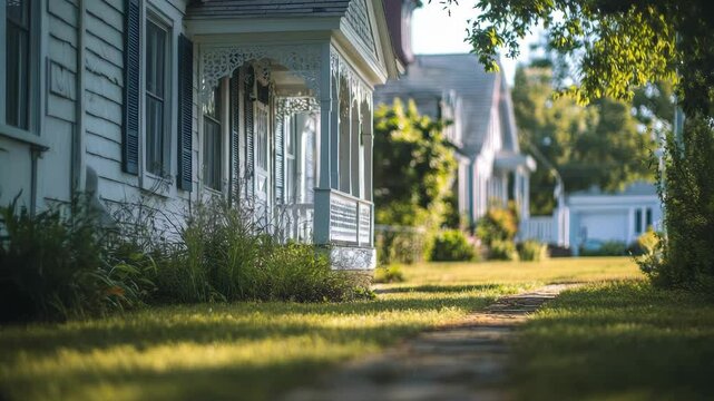 Row of quaint white houses with porches along a quiet suburban street, natural sunlight, shallow focus, concept of peaceful neighborhood living