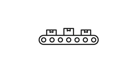 A simple line drawing of a conveyor belt with three boxes on it in black and white illustration