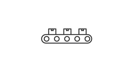 A simple line drawing of a conveyor belt with three boxes on it in black and white minimalist style