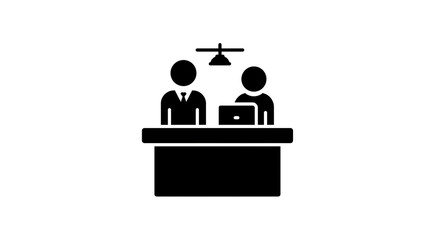 Black silhouette of two people behind a desk with a laptop and a light fixture above them icon