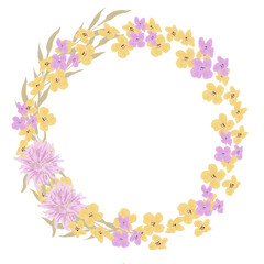 Wildflower wreath with yellow and purple flowers. Hand drawn botanical background. Design element for wedding invitation and greeting card.