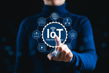 Internet of Things (IoT) Technology Concept. A person touches glowing IoT interface with icons representing smart devices, connectivity, and various Internet of Things applications across industries.