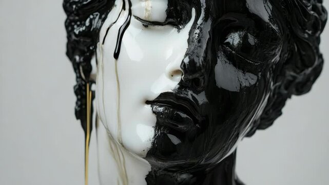 Close-up of a classical marble sculpture head half-covered in glossy black and white liquid on gray background, symbolizing duality and contrast