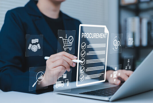 Procurement management Concept. Businessperson using procurement checklist representing procurement, logistics, inventory, supply chain, vendor, acquisition, warehouse, and purchasing processes.