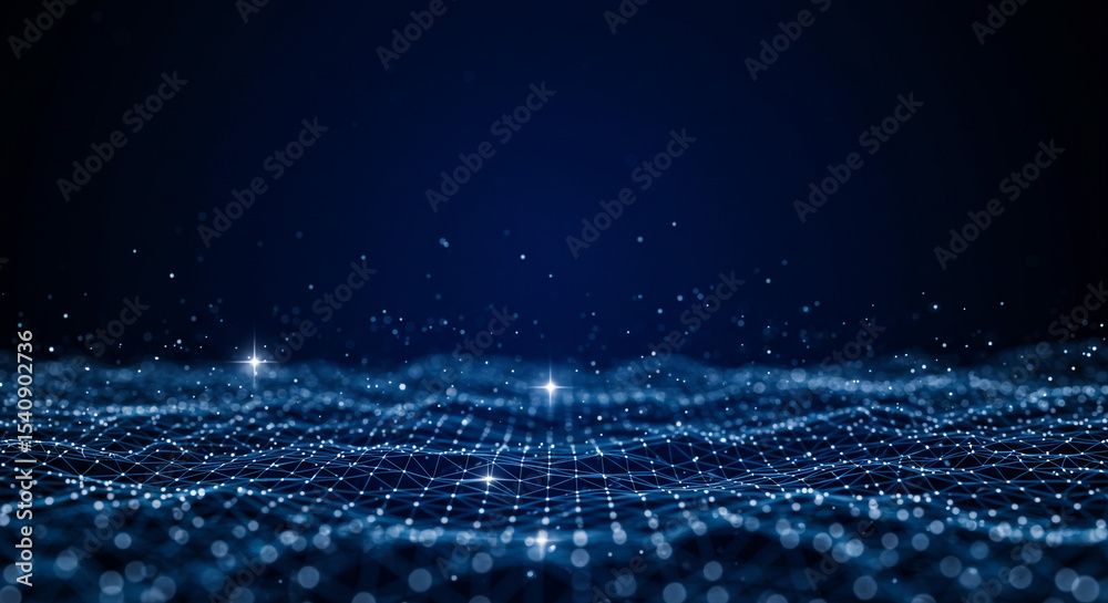 Wall mural abstract dark blue background with shining particles and connected lines forming a wavy grid like su