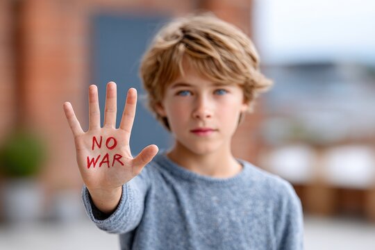 Blonde Boy Holding No War Sign on Hand