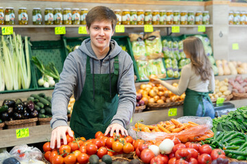 Salesman in an apron puts ripe tomatoes on a supermarket window