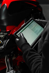 Motorcycle system diagnostic, scanning for faults across engine, electrical, and sensor modules to...
