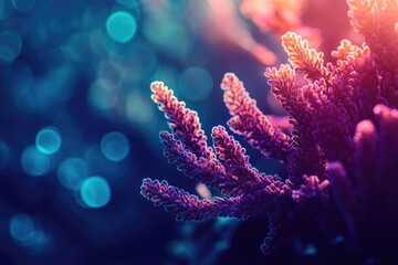 Close-up of vibrant purple coral with blurred blue bokeh lights in the background, creating a surreal underwater scene.