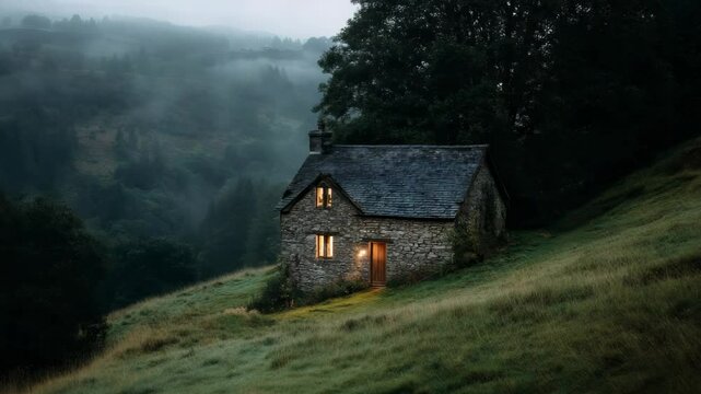 A cozy stone cottage with glowing windows sits on a misty hillside, surrounded by dense forest, evoking solitude, peace, and mystery