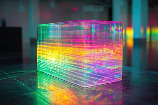 A translucent cube with colorful internal light patterns sits on a reflective floor, displaying vibrant hues and geometric design.