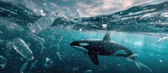 Fototapeta premium Orca swims gracefully beneath ocean surface, surrounded by floating plastic bottles. This powerful image captures contrast between beauty of marine life and environmental challenges facing our oceans