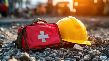 Safety equipment at a construction site during sunset with a focus on a first aid kit and hard hat