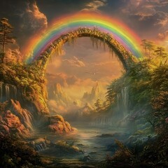 A glowing rainbow bridge in a fantasy landscape