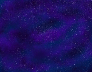 Abstract horizontal watercolor blue and violet space background night sky with stars. Hand drawn digital watercolor. Neutral light colored empty space background illustration