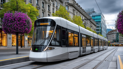 Naklejka premium Modern tram gliding through urban street, surrounded by vibrant purple trees, showcasing contemporary architecture and public transportation in a bustling city environment