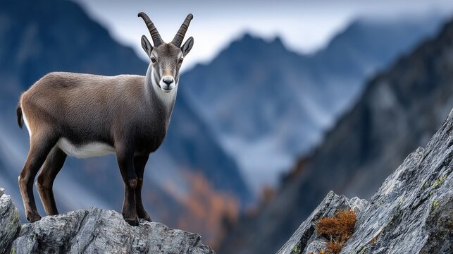 Mountain goat standing majestically on rocky terrain, surrounded by stunning mountain landscape, showcasing natural beauty and wildlife in a serene environment - Powered by Adobe