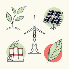 Fototapeta premium Green Leaf Plant Solar Panel Wind Turbine Power Plant Icons Set Illustration vector