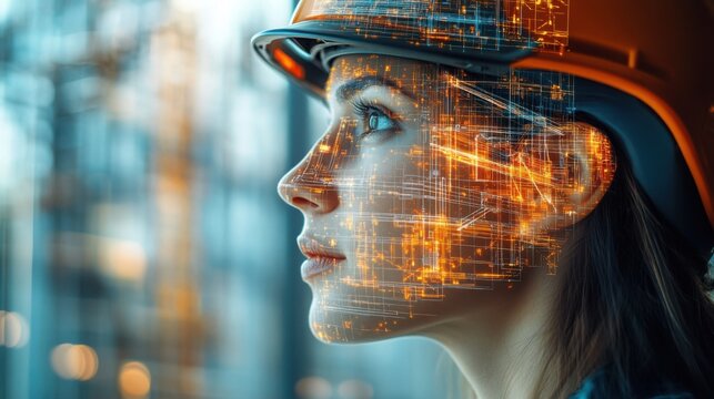 Engineer with futuristic digital overlay in industrial setting showcasing artificial intelligence
