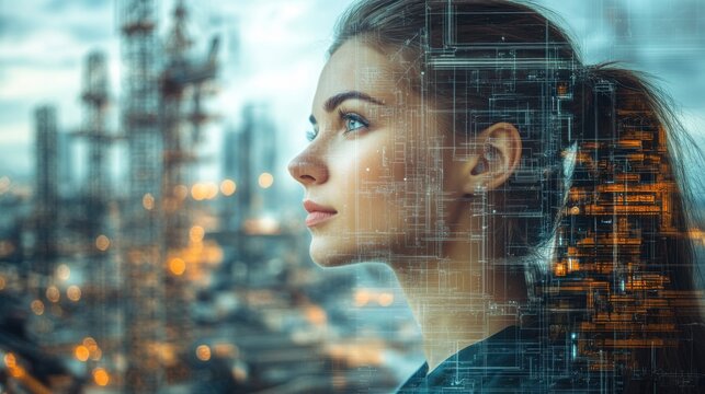 Portrait of a woman reflecting on urban innovation at sunset in a modern tech landscape