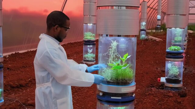 Agronomist wearing a lab coat and gloves carefully examines plants growing in cylindrical, transparent containers within a greenhouse environment, possibly simulating martian conditions