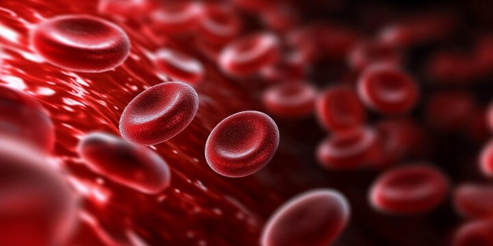 Cells moving through a blood vessel under microscopic view showcasing structure and color of red blood cells