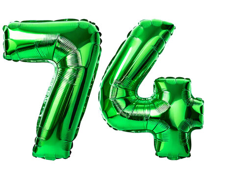 数字の74の形の緑色の風船（Number 74 green foil balloon on white background）
