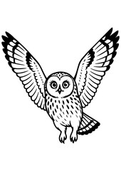 Obraz premium Black and white flying owl vector on white background. Ideal for engraving, prints, logos, coloring books, and creative bird-themed designs