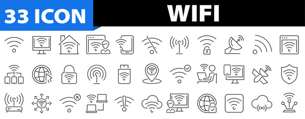 Wifi 33 icon set. Wifi, online, signal, wireless, connect, hotspot, offline, wifi router, computer, radio, antenna, internet and more. Editable stroke. Vector illustration