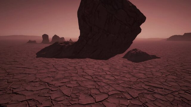 Proxima Centauri B's surface. Vast, cracked red soil stretching into the horizon, with occasional jagged rock formations under a dim red sky